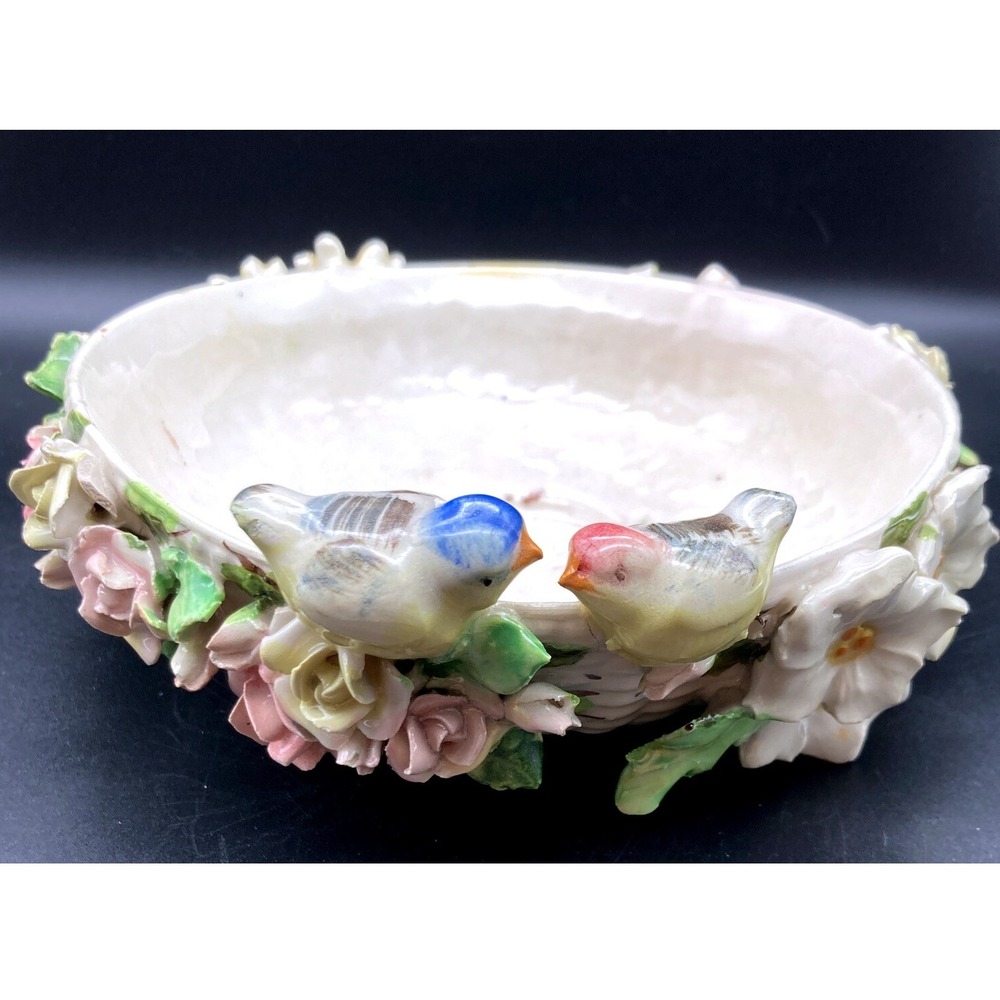 Vintage Capodimonti Floral/Birds Ceramic Bowl/Trinket Dish Multicolored